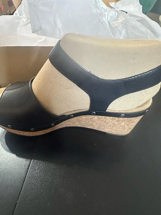 Clarks Black Leather Cork Wedge Sandal - Picture 5 of 14